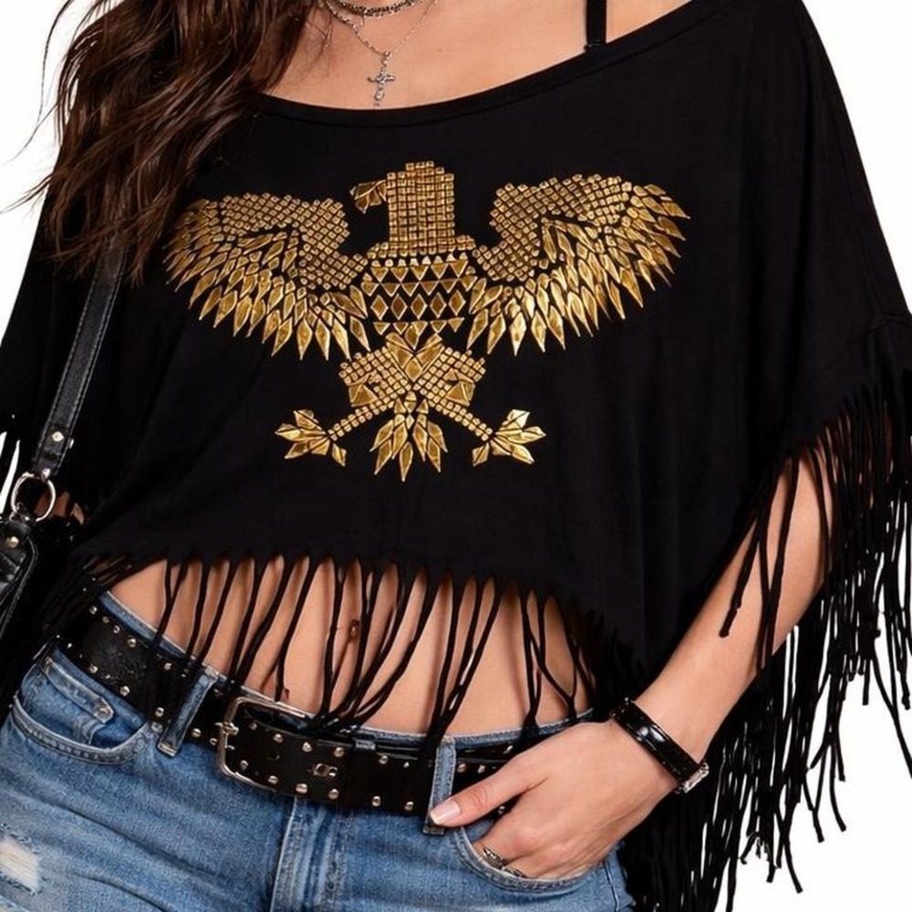 Fringe Eagle Graphic Crop Top Boho Festival Black XXL‎